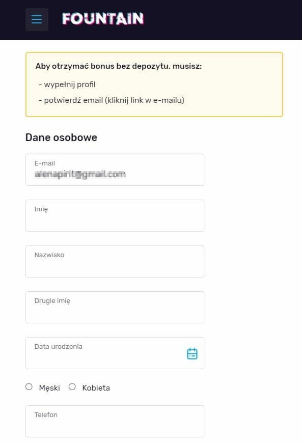 Wypеłnianie danych osobowych w celu uzyskania bonusu Fountain Casino