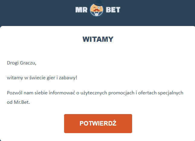 Potwierdzenie konta przez e-mail w kasynie online Mr.Bet